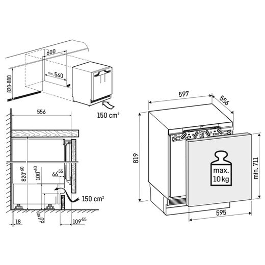 Liebherr Pure URd 3600 Integrated Under Counter 82cm High Fridge - Fixed Door Fixing Kit - White - Dimensions